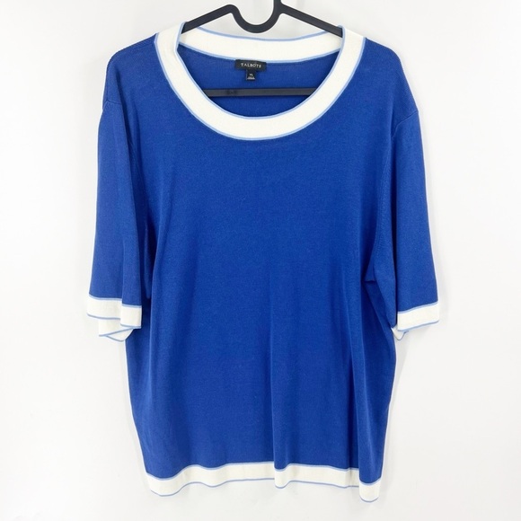 ✅ TALBOTS BLUE/WHITE SCOOP NECK LIGHTWEIGHT SWEATER SIZE XL SHORT SLEEVE - Picture 1 of 4